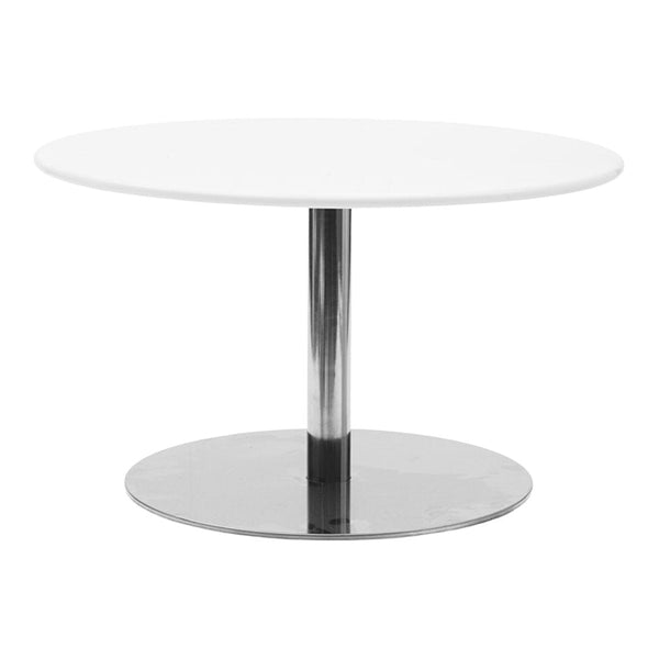 Round coffee table featuring a glossy white top and sleek chrome base, creating a modern, minimalist aesthetic.