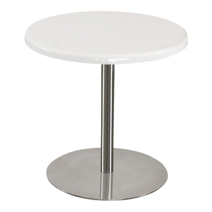 Round white tabletop with a sleek silver metal base, perfect for modern décor. Simple and stylish.