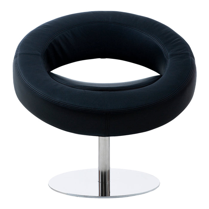Black circular lounge chair with a smooth, padded surface and sleek chrome base. Modern design enhances contemporary decor.