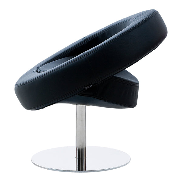 Stylish black swivel chair with smooth contours and a shiny chrome base, featuring a modern design.