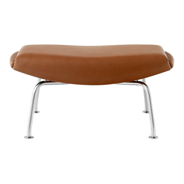 Brown leather ottoman with a sleek, curved design and chrome legs, perfect for modern decor.