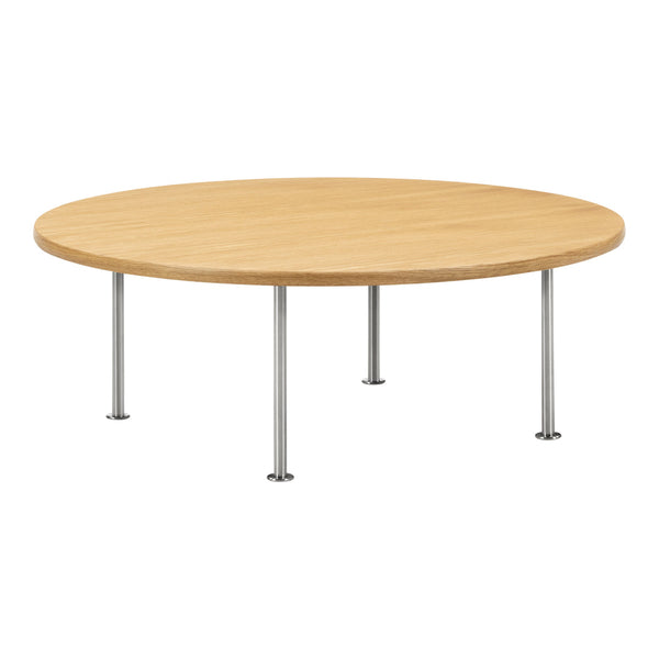 Light wood round table with a smooth, natural finish and sleek silver legs, perfect for modern spaces.