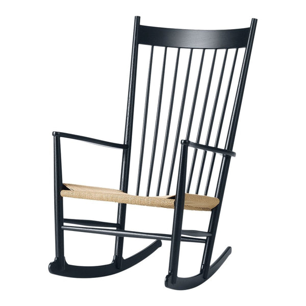 Black wooden rocking chair with a natural woven seat, showcasing a classic and timeless design.