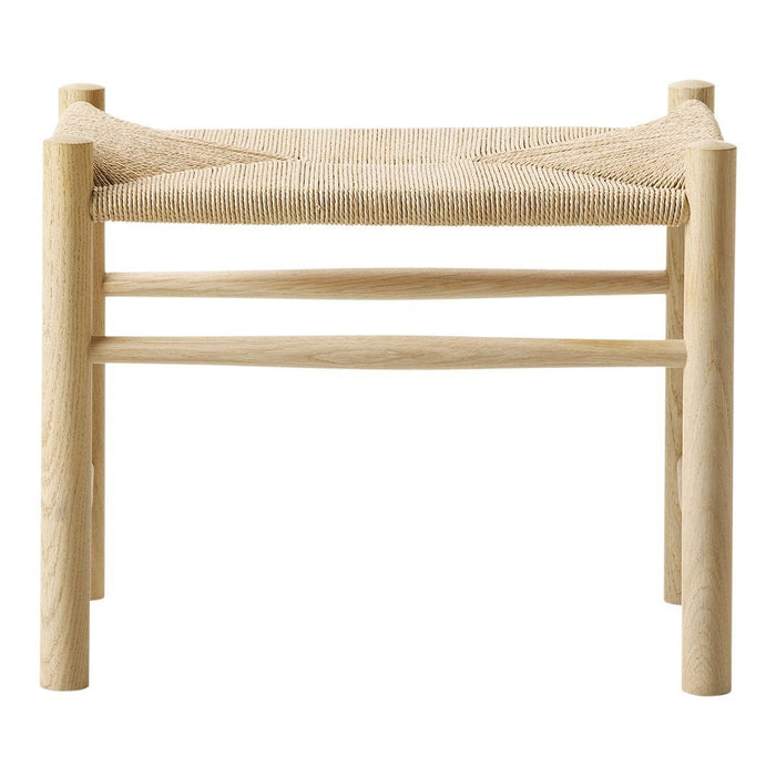 Light natural wood stool with a woven, cream-colored seat, featuring simple, minimalist design.