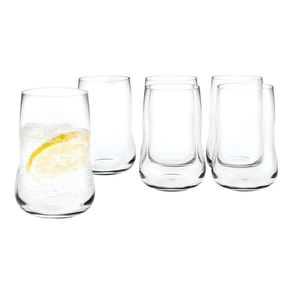 Set of five clear, curved drinking glasses with a smooth surface, featuring one glass with lemon and ice.