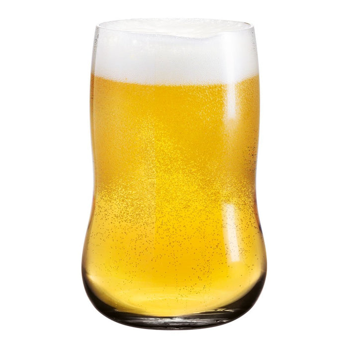 "Chilled glass of golden beer with a smooth white frothy top and sparkling bubbles."
