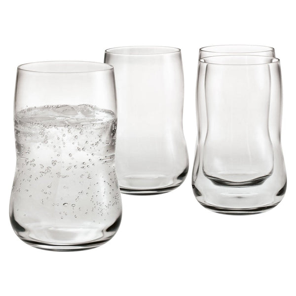 Set of four clear, curved drinking glasses showcasing smooth, transparent design with no patterns or colors.