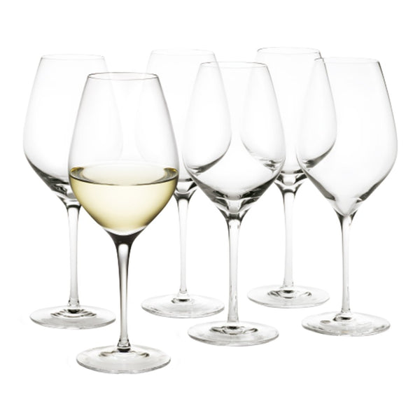Set of six elegant clear glass wine glasses, one filled with white wine, showcasing a classic and timeless design.