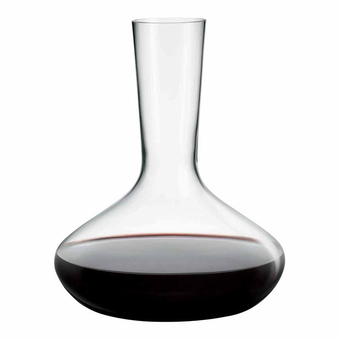 Elegant glass wine decanter with a clear body and rich red wine, featuring a smooth, modern silhouette.