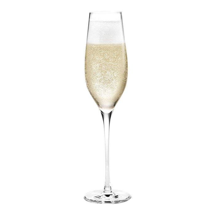 Elegant clear champagne flute filled with bubbling pale golden champagne, set on a sleek round base.