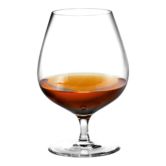 Elegant clear glass with a curved shape, showcasing rich amber liquid reflecting warm light.