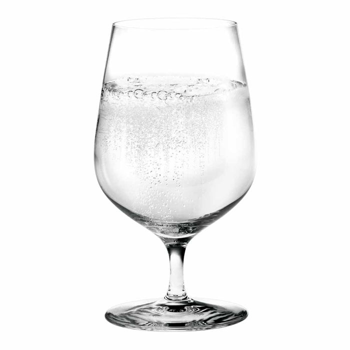 Clear glass goblet filled with sparkling water, featuring subtle bubbles and a smooth, elegant design.