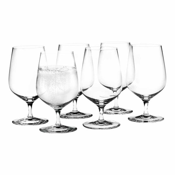 Set of six clear glass stemware, featuring elegant design with smooth curves and shiny, reflective finish.