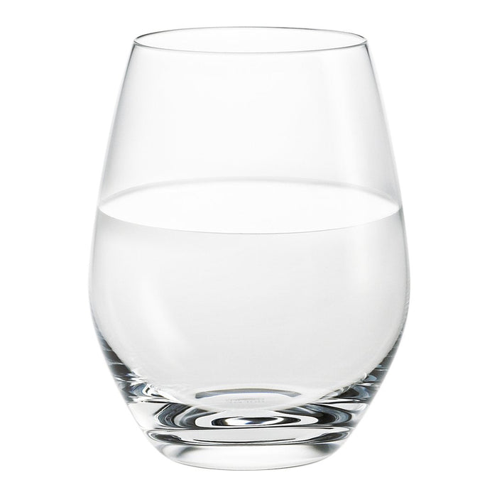 Clear glass tumbler with a smooth, minimalist design, showcasing its transparency and elegant curves.