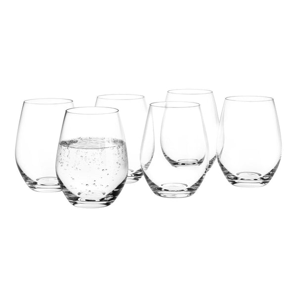 Set of six clear glass tumblers featuring a smooth finish and varying shapes, perfect for any table setting.