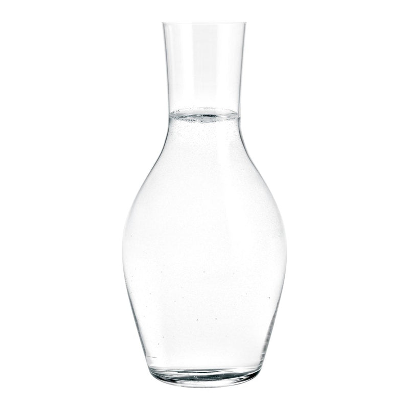 Clear glass water carafe with a smooth, elegant shape and no patterns. Perfect for any table setting. 