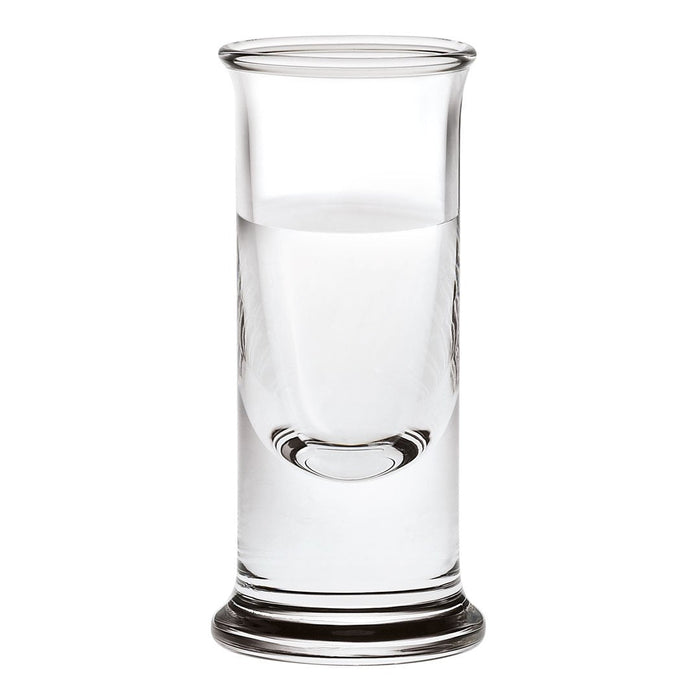 Clear glass shot glass with a smooth, modern design and subtle curves, ideal for serving drinks.