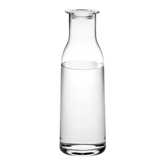 Clear glass water carafe with a smooth, sleek design, featuring a simple and elegant silhouette.
