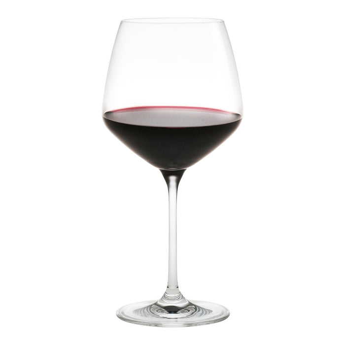 Clear glass wine glass filled with rich red wine, featuring a smooth, elegant silhouette.