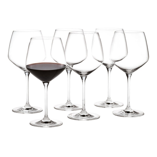 Set of six elegant glass red wine glasses, featuring clear glass and classic, smooth stems. Perfect for any occasion.