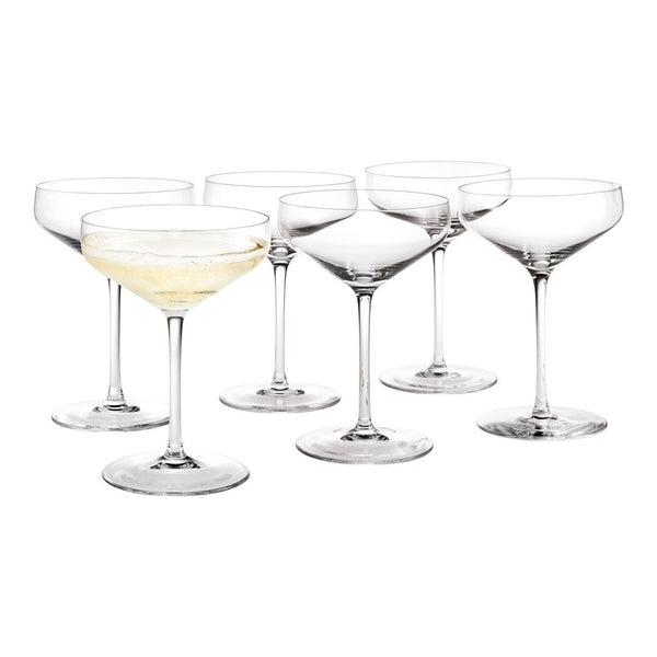 Set of six clear, elegant champagne coupes with a classic design, perfect for stylish entertaining.