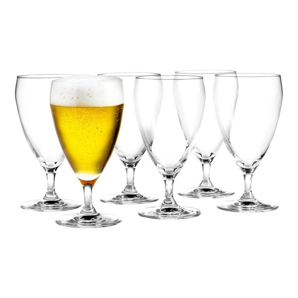Set of clear glass beverage glasses, featuring one frosty glass with golden beer against six empty glasses.