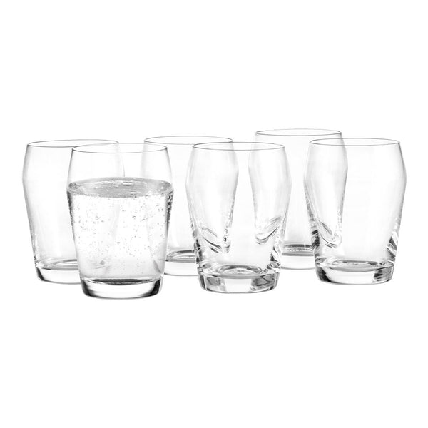 Set of clear glass tumblers featuring a sleek, modern design with a subtle curve and smooth finish.