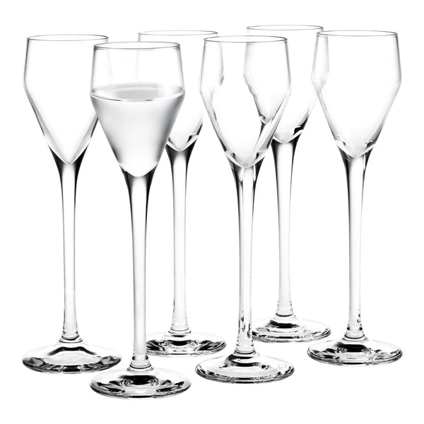 Set of six elegant crystal-clear champagne flutes featuring slender stems and smooth contours. Perfect for any occasion.