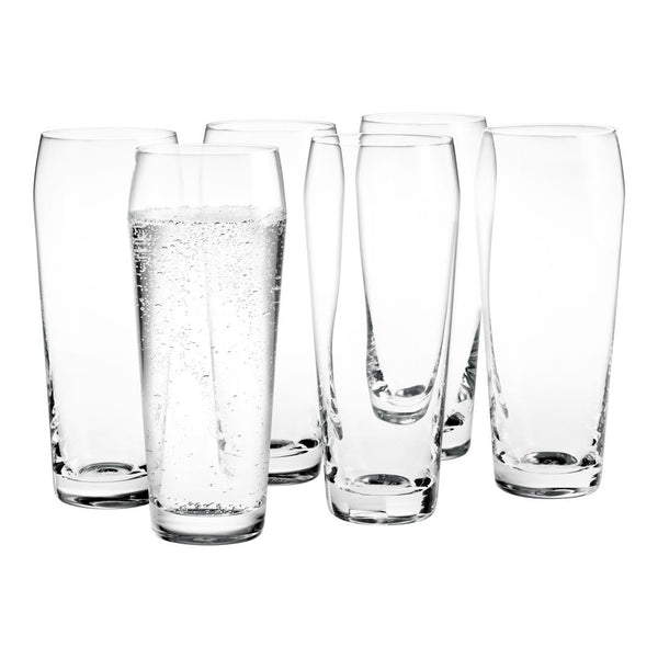 Set of six clear glass tumblers with a sleek, modern design and varying shapes showcasing smooth surfaces and subtle reflections.