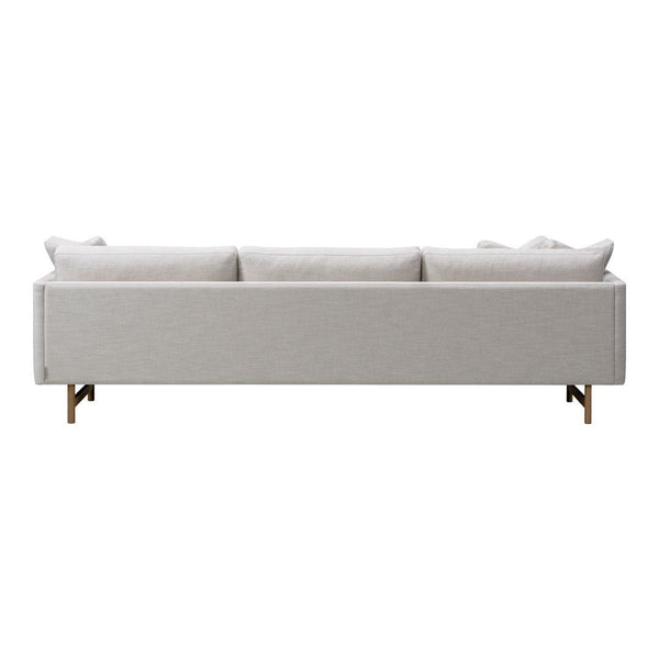 Light gray modern sofa with clean lines and subtle textured fabric, featuring minimalist design and wooden legs.