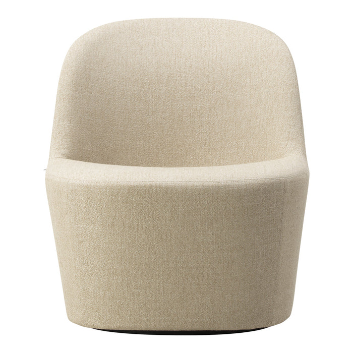 Beige upholstered accent chair with a smooth, minimalist design and subtle texture. Ideal for modern decor.