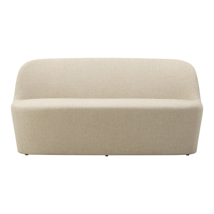 Neutral beige curved sofa with a simple, textured fabric pattern. Perfect for minimalist interior designs.