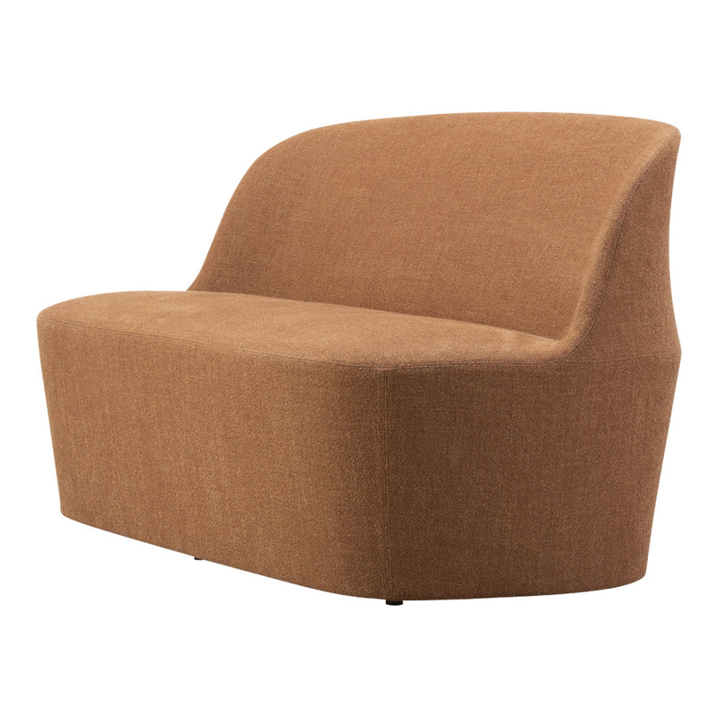 Brown upholstered loveseat with a smooth, modern silhouette and simplistic design, perfect for contemporary spaces.