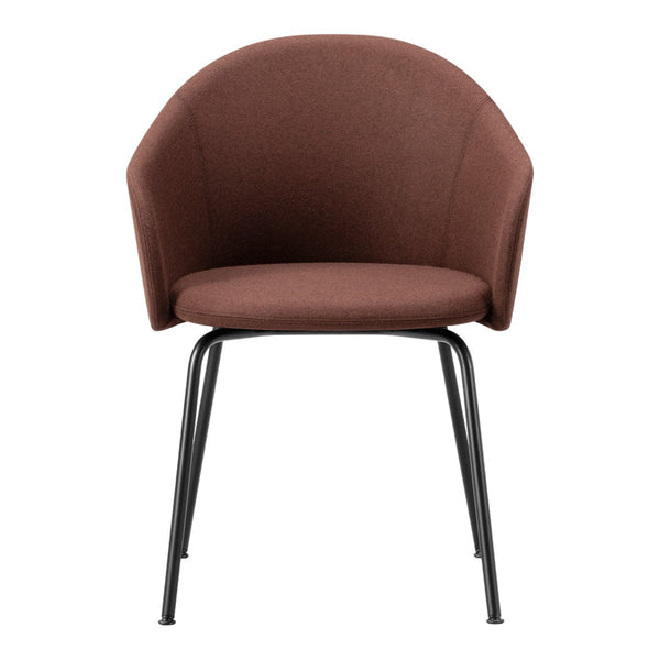 Brown upholstered chair with a sleek black metal base, featuring a smooth, curved design. Perfect for modern decor.