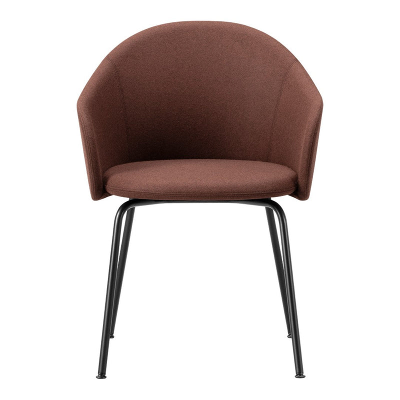 Brown upholstered chair with a sleek black metal base, featuring a smooth, curved design. Perfect for modern decor.