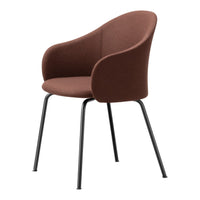 Brown upholstered chair with sleek black legs, featuring a modern curved design and minimalistic style.