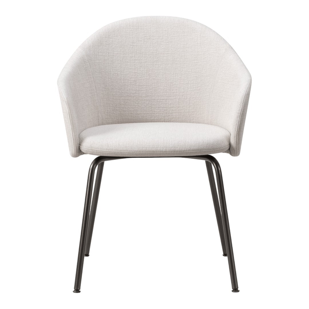 Light beige textured upholstery chair with sleek black metal legs. Modern design for stylish interiors.
