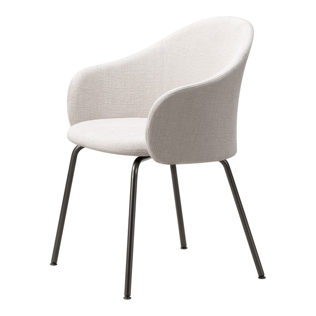 Light gray upholstered chair with a textured pattern and sleek black metal legs.