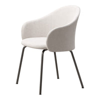Light gray upholstered chair with a textured pattern and sleek black metal legs.