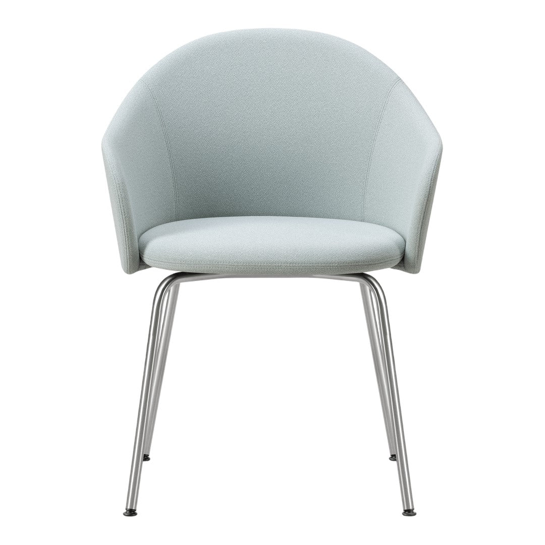 Light blue upholstered chair with a smooth, rounded silhouette and sleek metal legs. Perfect for modern decor.