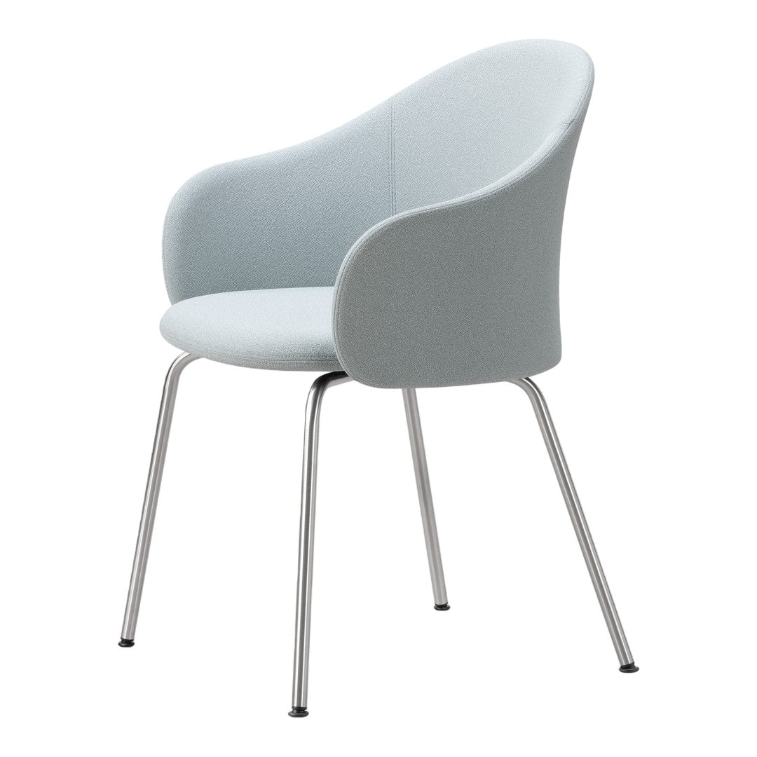 Light blue upholstered chair with a smooth texture and stainless steel legs, featuring a modern, minimalist design.