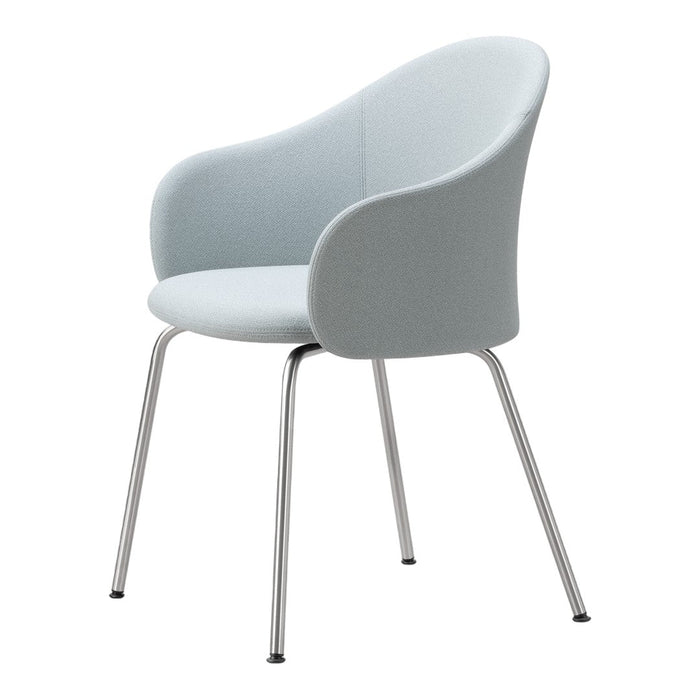 Light blue upholstered chair with a smooth texture and stainless steel legs, featuring a modern, minimalist design.