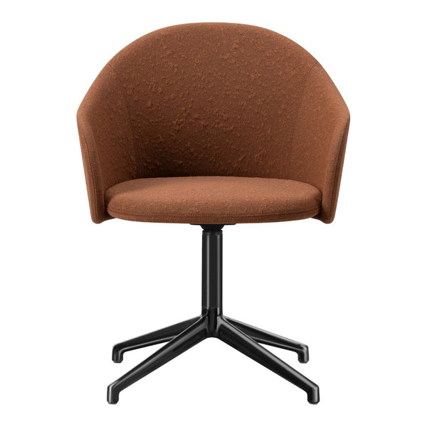 Rust-colored, textured fabric chair with a black swivel base, featuring a smooth, modern design.