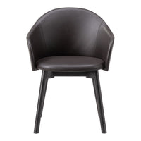 Brown leather chair with rounded back and smooth finish, featuring dark wooden legs for a modern aesthetic.