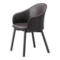 Black leather armchair with a sleek, modern design and dark wooden legs. Perfect for contemporary interiors.