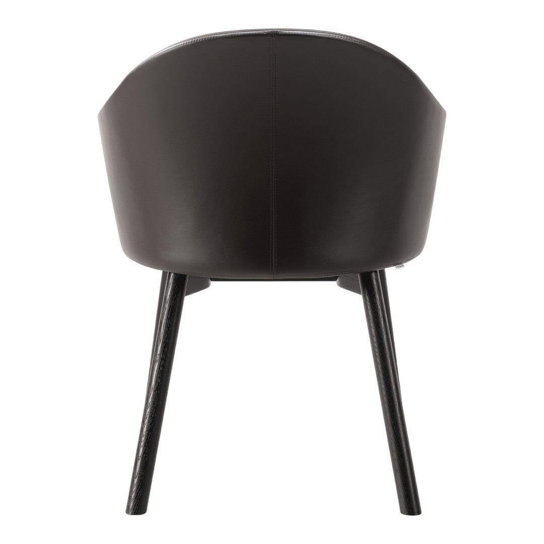 Dark brown leather chair with sleek black wooden legs, showcasing a minimalist and modern design.