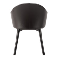 Dark brown leather chair with sleek black wooden legs, showcasing a minimalist and modern design.