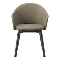Olive green leather chair with smooth finish and dark wood legs, featuring a contemporary, minimalist design.