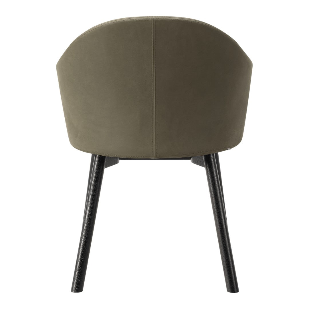 Olive green fabric chair with sleek black legs and smooth, modern curves. Ideal for contemporary decor.