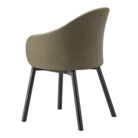 Olive green upholstered chair with sleek black wooden legs, showcasing a modern and minimalist design.